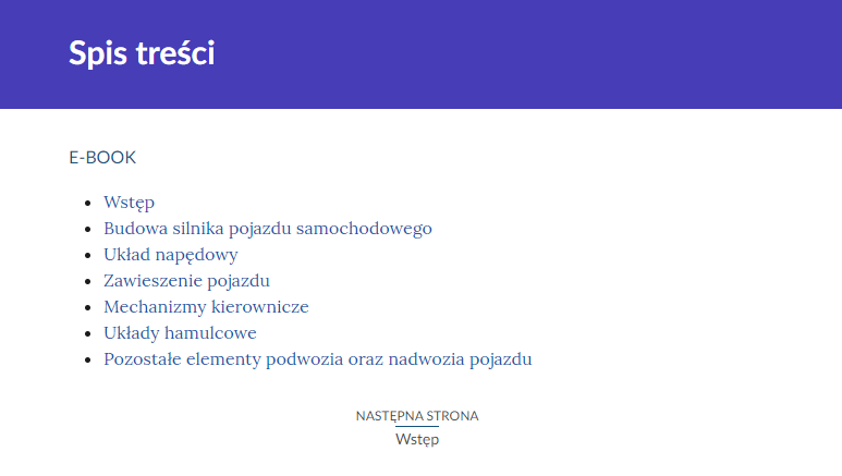 Grafika przedstawia widok spisu treści z wypisanymi kolejnymi tematami dostępnymi w materiale.