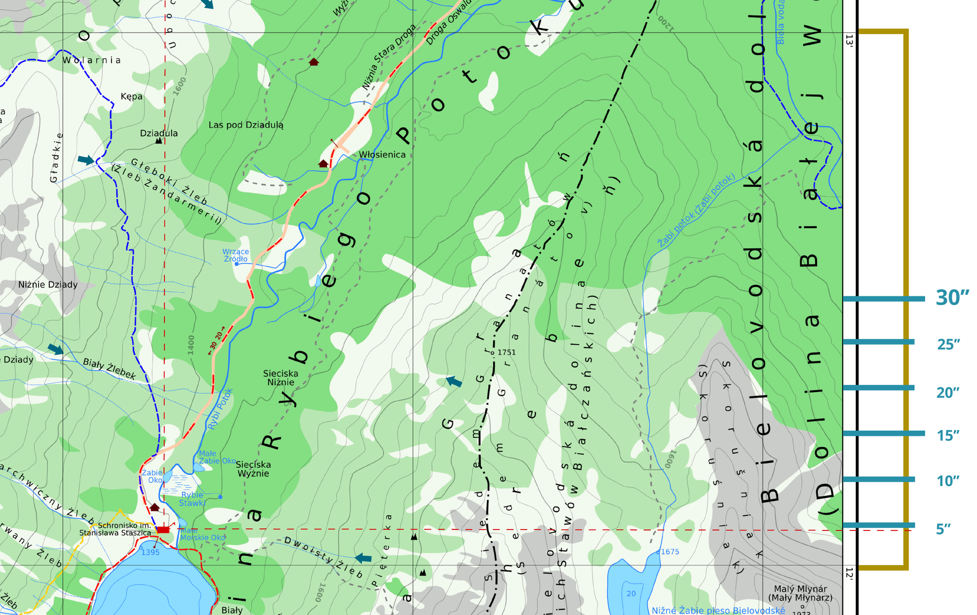 Wycinek mapy Doliny Rybiego Potoku prezentujący lokalizację Schroniska imienia Stanisława Staszica oraz ramkę mapy po prawej stronie, na której podawane są współrzędne geograficzne. Od sygnatury schroniska znajdującego się po lewej stronie mapy prostopadle do ramki po prawej poprowadzona jest czerwona linia. Dodatkowo obok ramki mapy po prawej stronie wyznaczone są równe odcinki dzielące odcinek znajdujący się w ramce o wartości jednej minuty na sekundy. Wyznaczono je co pięć sekund. Schronisko leży na dwunastej minucie i piątej sekundzie.