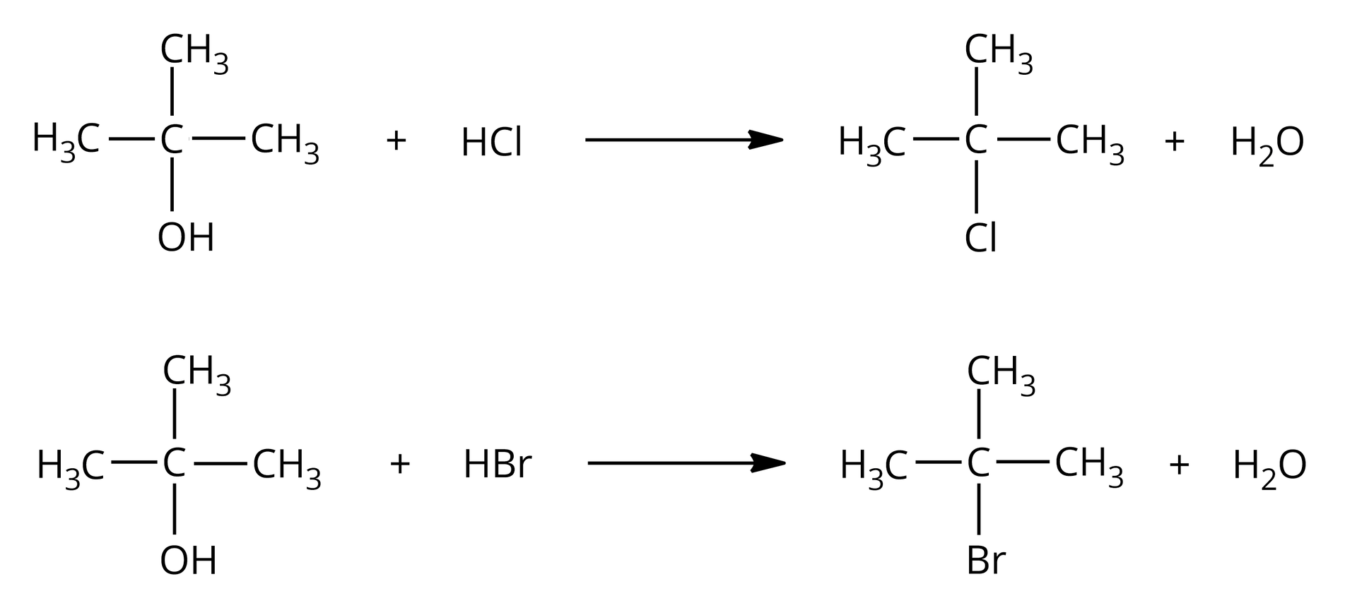 Ilustracja przedstawia dwa równania reakcji: pierwsze równanie: H3C—CCH3OH—CH3+HCl→H3C—CCH3Cl—CH3+H2O, drugie równanie: H3C—CCH3OH—CH3+HBr→H3C—CCH3Br—CH3+H2O.