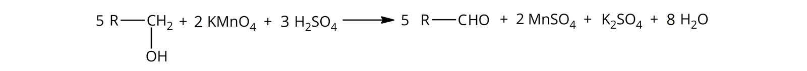 Ilustracja przedstawiająca równanie reakcji utleniania alkoholu pierwszorzędowego do aldehydu. Pięć cząsteczek alkoholu zbudowanego z podstawnika R związanego z grupą metylenową CH2, która to łączy się z grupą hydroksylową OH. Dodać dwie cząsteczki KMnO4. Dodać trzy cząsteczki H2SO4. Strzałka w prawo, za strzałką pięć cząsteczek aldehydu składającego się z podstawnika R oraz grupy CHO, w której to atom węgla łączy się za pomocą wiązania podwójnego z atomem tlenu oraz za pomocą wiązania pojedynczego z atomem wodoru. Dodać dwie cząsteczki MnSO4. Dodać cząsteczkę K2SO4. Dodać osiem cząsteczek wody.