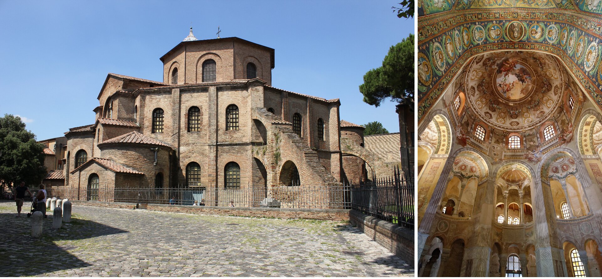 Fotografia przedstawia budynek bazyliki, który składa się z trzech kondygnacji. Budynek ma kształt prostokąta. Na górnej części znajduje mniejszy dobudowany budynek. Na fotografii widocznych jest trzynaście okien.  Budynek ma brązowe ceglane ściany oraz czerwoną dachówkę. Przed budynku widoczna jest kostka brukowa oraz spacerujący po niej ludzie.Fotografia przedstawia wnętrze bazyliki z widokiem na empora oraz bogato zdobione sklepienie prezentujące postacie świętych. W środkowej części znajdują się kolumnady oraz kolumny. 