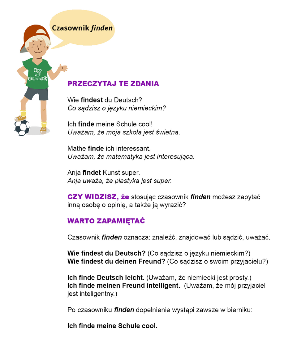 Infografika zawiera poradę językową. Ilustracja przedstawia chłopca ubranego w zieloną koszulkę oraz ciemne krótkie spodenki. Obok jego głowy jest dymek z napisem „Czasownik finden". Pozostałą część grafiki zajmuje tekst, którego treść znajduje się w transkrypcji, poniżej grafiki.