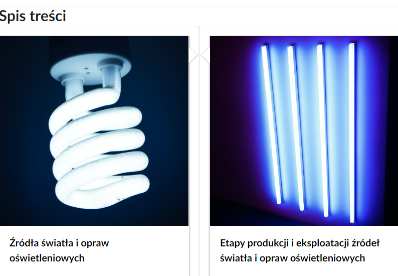 Grafika przedstawia dwa kafelki ze spisu treści. Są umiejscowione obok siebie. Pierwszy od lewej: Zdjęcie okładkowe białej żarówki spiralnej na granatowym tle, poniżej napis. Źródła światła i opraw oświetleniowych. Drugi: zdjęcie okładkowe czterech podłużnych lamp sufitowych obok siebie oświetlające najbliższe otoczenie, tło jest ciemne. Poniżej tytuł. Etapy produkcji i eksploatacji źródeł światła i opraw oświetleniowych.
