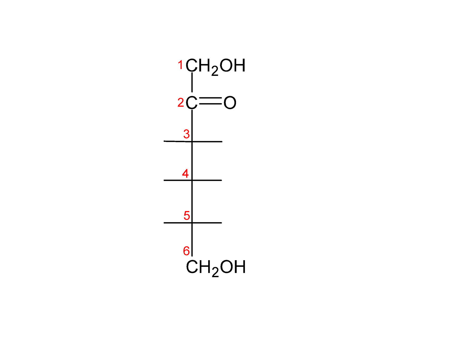 Na ilustracji jest wzór w projekcji Fischera . Łańcuch główny tworzy sześć atomów węgla. Pierwszy i ostatni atom węgla - każdy z nich - wchodzi w skład grupy C H 2 O H . Drugi atom węgla po prawej stronie łączy się wiązaniem podwójnym z atomem tlenu. Pozostałe miejsca są do uzupełnienia.