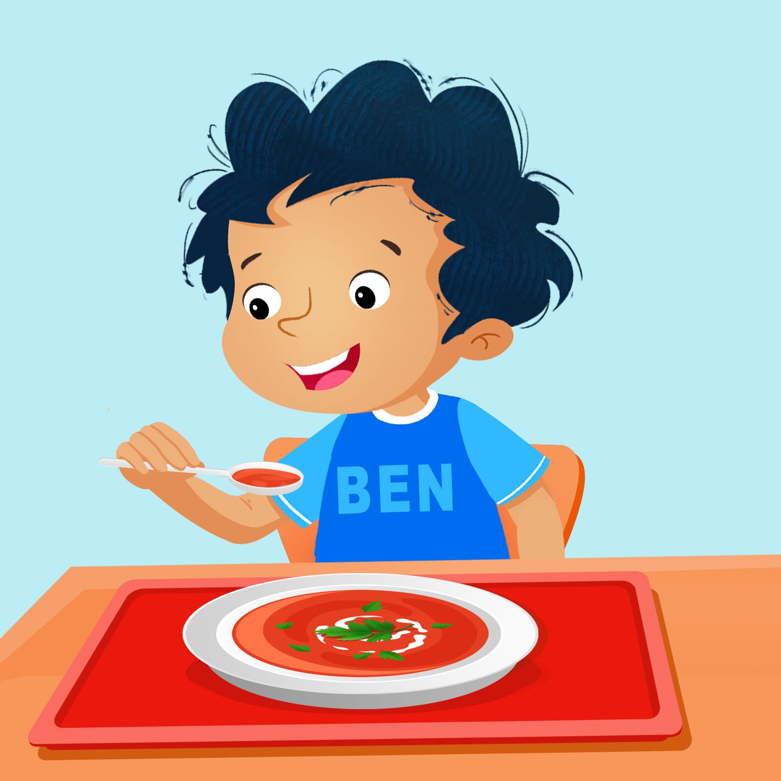 Ilustracja przedstawia Bena jedzącego zupę pomidorową 