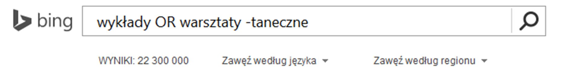 Zrzut paska wyszukiwarki Bing z wpisanymi słowami kluczowymi i znakiem minusa