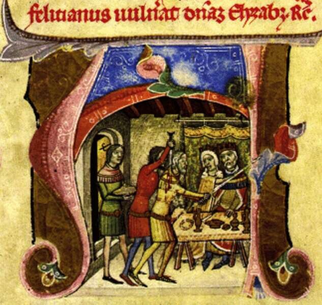 Rysunek przedstawia scenkę rodzajową, stojących przy stole w komnacie ludzi. W centrum znajduje się stół, na którym stoją naczynia. Dookoła niego stoi pięć osób w strojach z epoki. Po lewej stronie obok stołu stoi mężczyzna trzymający przed sobą w rękach tacę. Przed nim dwie kolejne osoby, jeden z mężczyzn trzyma w prawym ręku miecz. Po prawej stronie, znajduje się mężczyzna i kobieta. U góry rysunku napis w kolorze czerwonym w języku łacińskim.