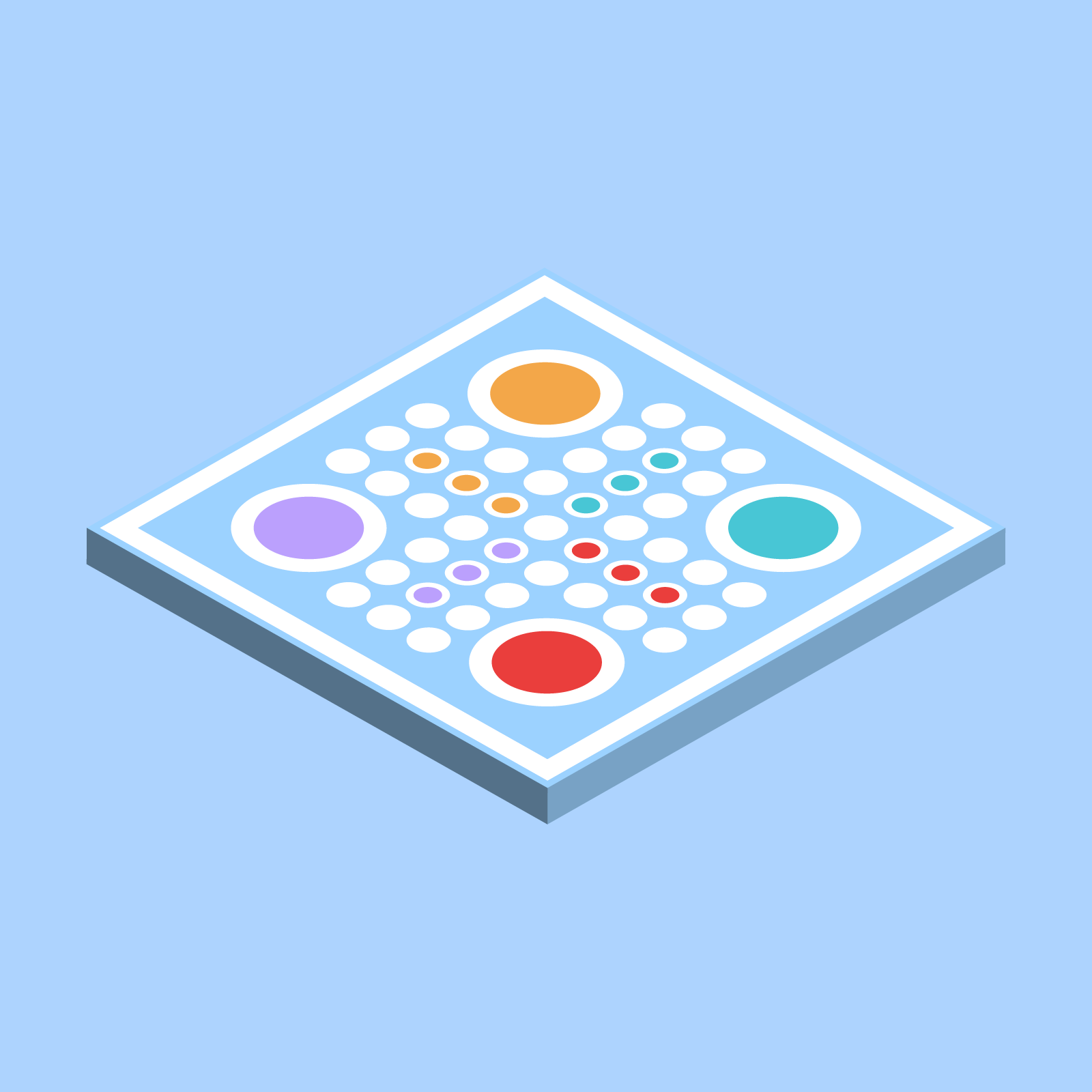 Ilustracja przedstawia planszę do gry w Chińczyka. Na każdym rogu planszy znajduje się kolorowe kółko, oznaczające pole startowe gracza. Na środku przecinają się kolorowe pola w kształcie kółek.