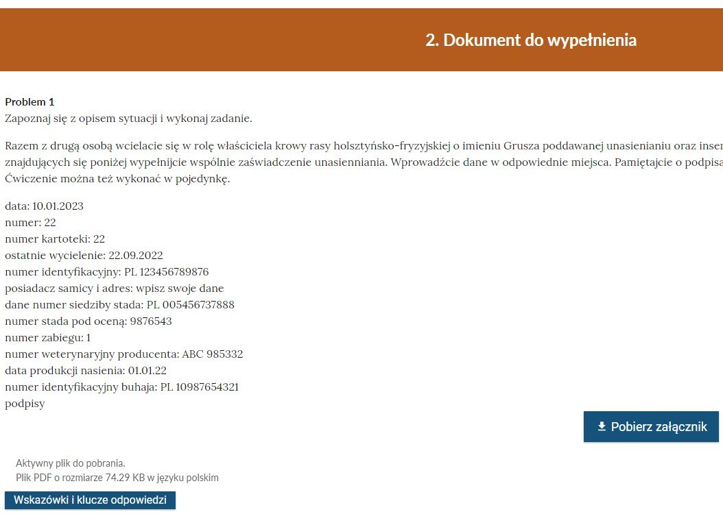 Grafika przedstawia ćwiczenie problemowe z plikiem do pobrania. Na górze znajduje się nagłówek: dokument do wypełnienia, a poniżej treść zadania. Na dole widoczny jest niebieski prostokąt umożliwiający pobranie załącznika oraz wyświetlenie wskazówek i klucza odpowiedzi.