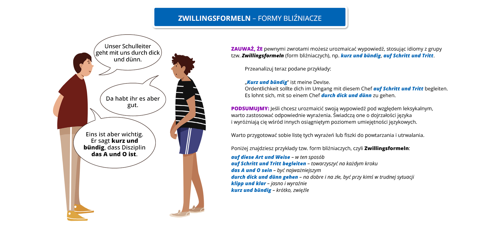 Ilustracja zawiera poradę językową.
Obrazek przedstawia dwóch chłopców, w dymkach widoczne są ich wypowiedzi. Obok widoczny jest dymek zawierający napis: Zwillingsformeln – formy bliźniacze.
Pozostałą część grafiki stanowi tekst, którego treść wyświetla się w trybie dostępności.