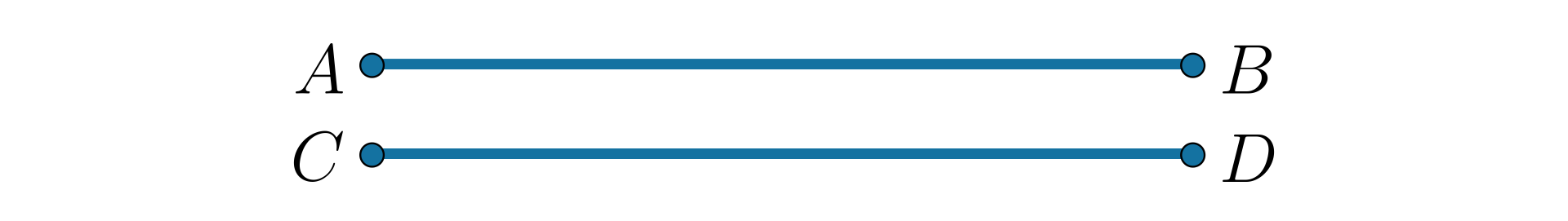 Odcinki AB i CD, które leżą w jednej płaszczyźnie i nie mają punktów wspólnych. Ponadto odcinki leżące na prostych równoległych są równoległe.