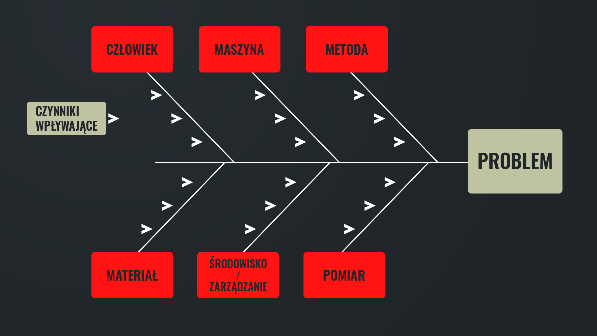 Grafika przedstawia diagram Ishikawy – nazywany diagramem rybiej ości, ze względu na swój specyficzny kształt, przypominający szkielet ryby. Jest to diagram przyczynowo skutkowy, który w formie graficznej przedstawia powiązania pomiędzy wpływającymi na proces czynnikami a skutkami ich oddziaływania. Pozwala na zlokalizowanie w procesie miejsc, w których mogą wystąpić problemy. W tym przypadku na grafice w miejscu rybiego ogona umieszczono napis „Czynniki wpływające”, w miejscu rybiej głowy napis „Problem”, te dwa miejsca łączy linia pozioma. Od tej linii odchodzą na boki linie ukośne, niczym rybie ości. Do linii ukośnych przyporządkowano następujące napisy: powyżej linii poziomej „Człowiek”, „Maszyna”, „Metoda”, poniżej linii poziomej napisy: „Materiał”, „Środowisko” lub „Zarządzanie” oraz „Pomiar”.