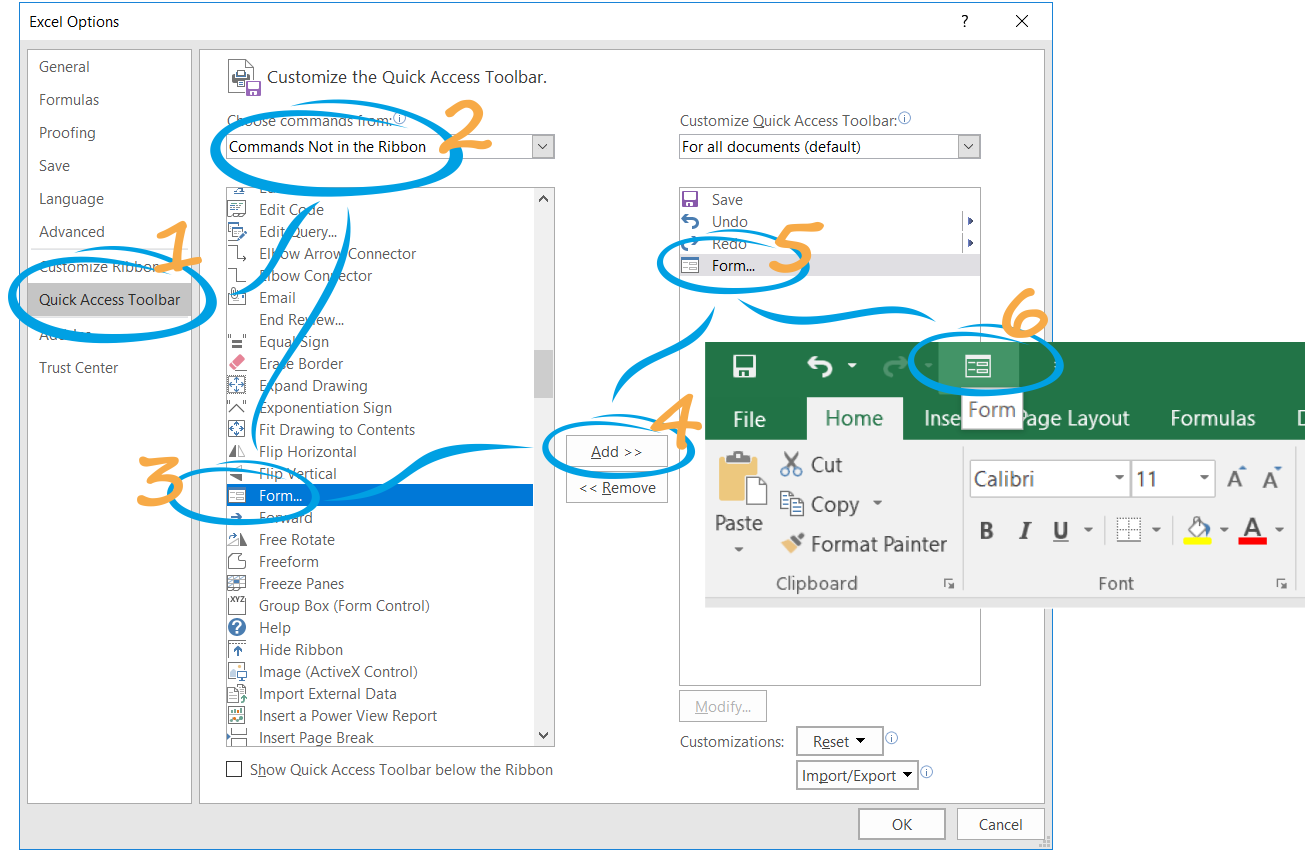 Zrzuty z ekranu prezentują poszczególne kroki mające na celu dodanie przycisku Form (formularz) do okna MS Excel. Kroki te zostały oznaczone kolejnymi cyframi. Na formatce Excel Options w menu po lewej stronie należy wybrać Quick Access Toolbar (1). Następnie na liście rozwijane Choose command from należy wybrać opcję Commands Not in the Ribbon (2). Na liście pleceń, która pojawi się poniżej trzeba zaznaczyć polecenie Form (3) oraz wybrać przycisk Add (4). Dodany przycisk Form (5) pojawi się obok przycisków Save, Undo, Redo w grupie For all documents. Obok widoczny jest fragment zrzutu ekranu z okna MS Excel pokazujący przycisk Form (6) umieszczony w lewym, górnym rogu belki programu obok przycisków Save, Undo, Redo.