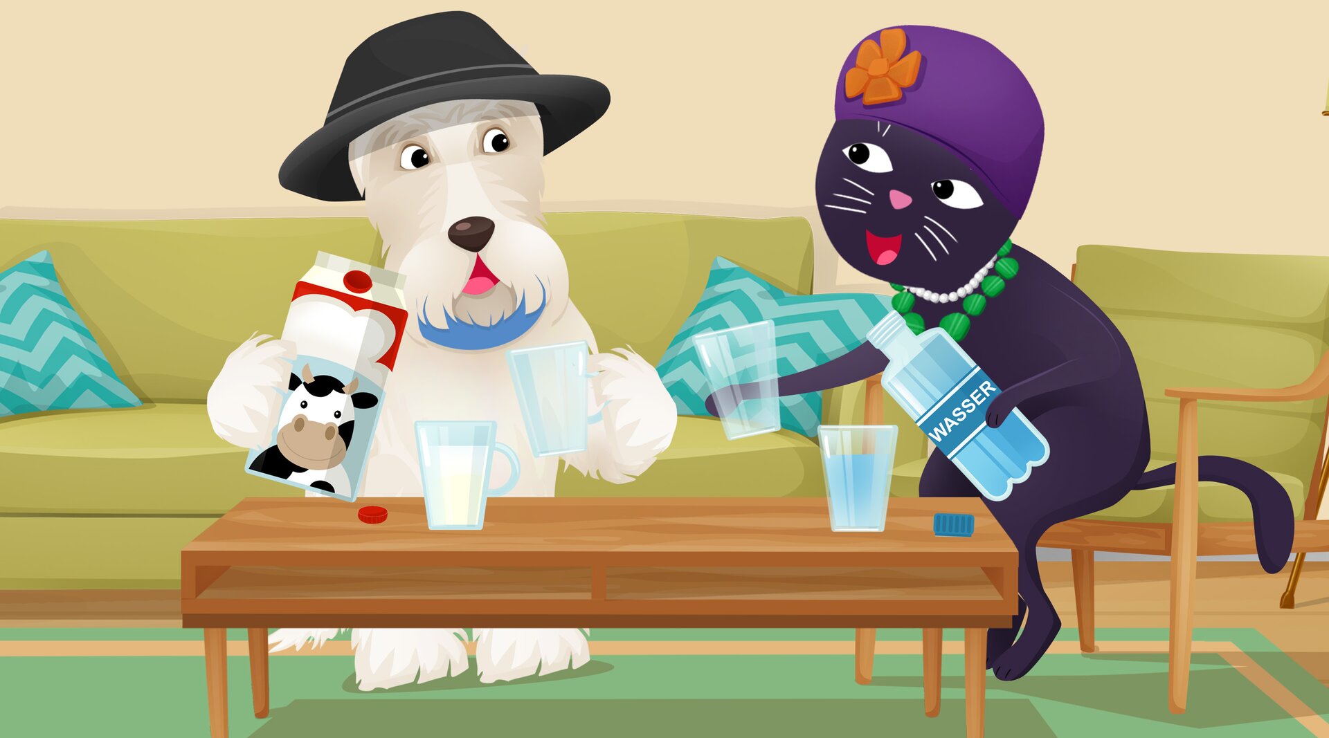 Ilustracja przedstawia kota i psa w salonie. Pies nalewa sobie szklankę mleka, a kotka szklankę wody. Transkrypcja dostępna jest poniżej.