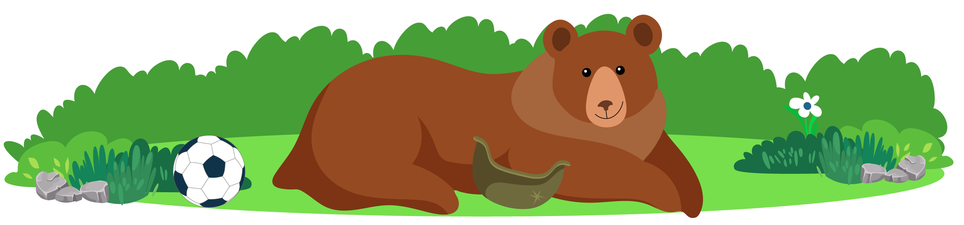 Ilustracja przedstawia zieloną polanę otoczoną krzewami. Po lewej stronie leżą trzy szare kamienie, a obok nich czarno‑biała piłka. Po prawej stronie rośnie pojedynczy biały kwiat i leżą kolejne trzy szare kamienie. Na środku polany leży brązowy niedźwiedź brunatny. Obok niedźwiedzia widać przewrócony ciemnozielony hełm wojskowy.