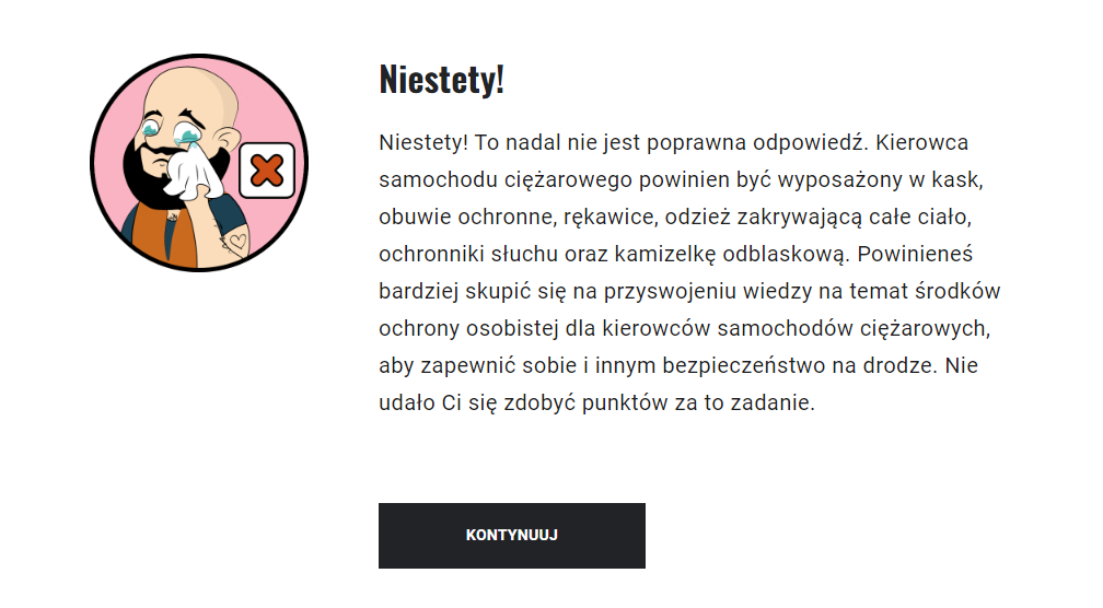 Przykładowy komunikat o błędnej odpowiedzi