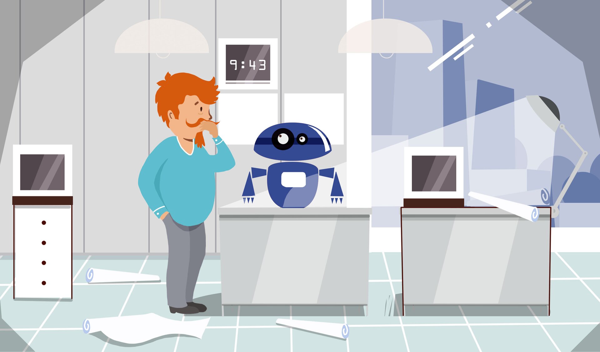 Przedstawiona ilustracja ukazuje pomieszczenie, w którym znajduje się brodaty mężczyzna. Obok niego na stole leży robot, posiadający głowę, tułów i ręce. Wewnątrz pomieszczenia widoczne są także meble ze stojącymi na nich monitorami komputerowymi. Na podłodze leżą porozrzucane kartki. Nagranie dźwiękowe dostępne poniżej.