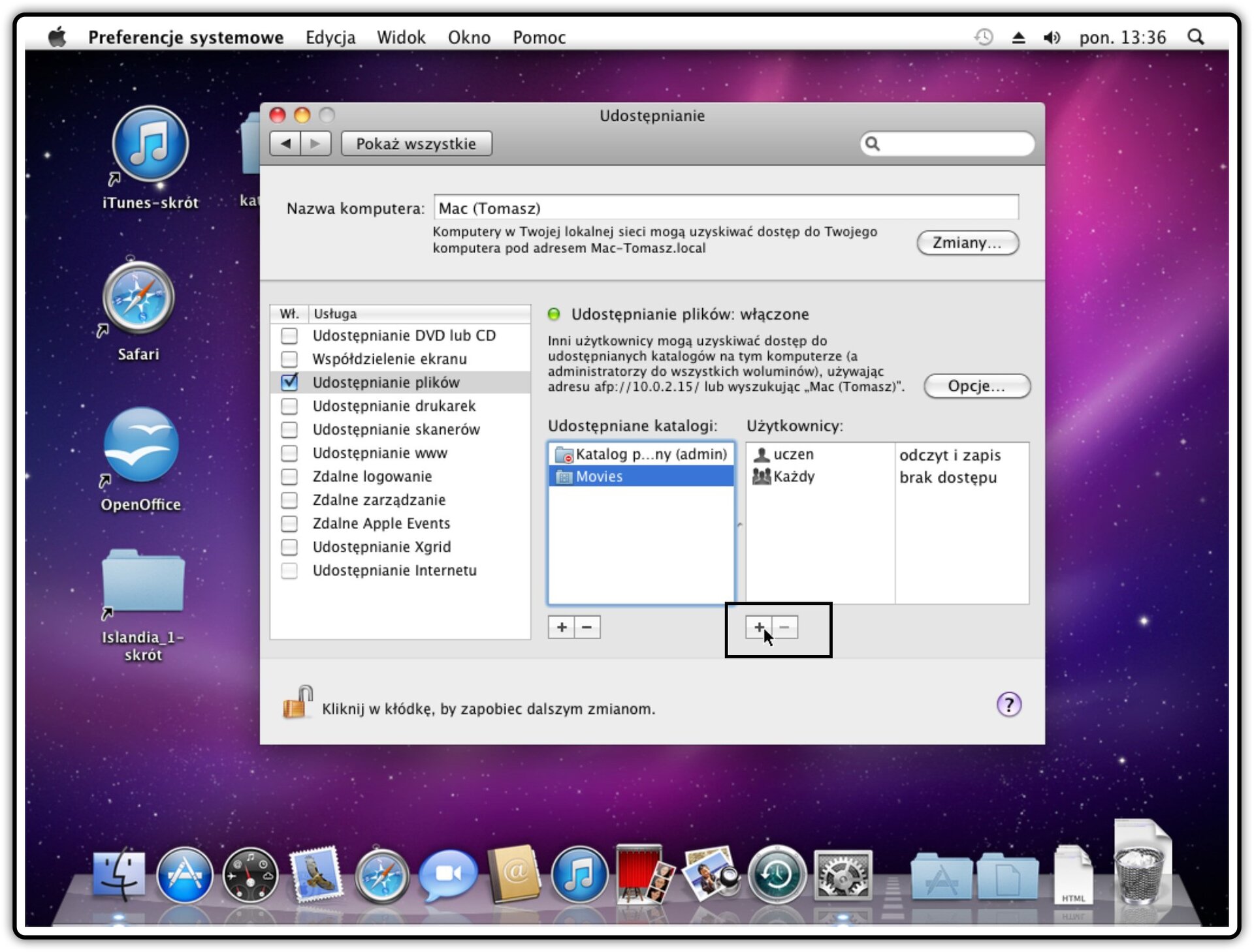 Ilustracja przedstawiająca: Krok 1 dodawania użytkownika, któremu będziemy udostępniać katalog w systemie Mac OS X