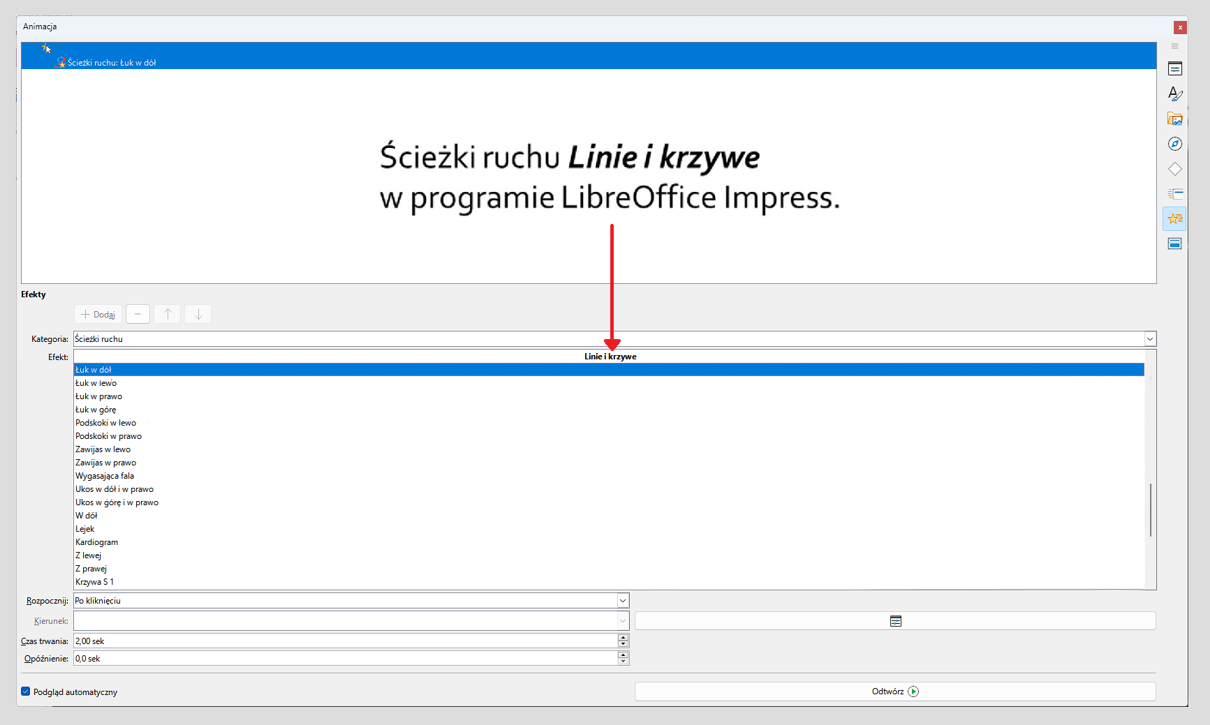 Zrzut ekranu z efektami ścieżek ruchu typu Linie i krzywe w programie LibreOffice Impress. Obok treść: "Ścieżki ruchu Linie i krzywe w programie LibreOffice Impress".