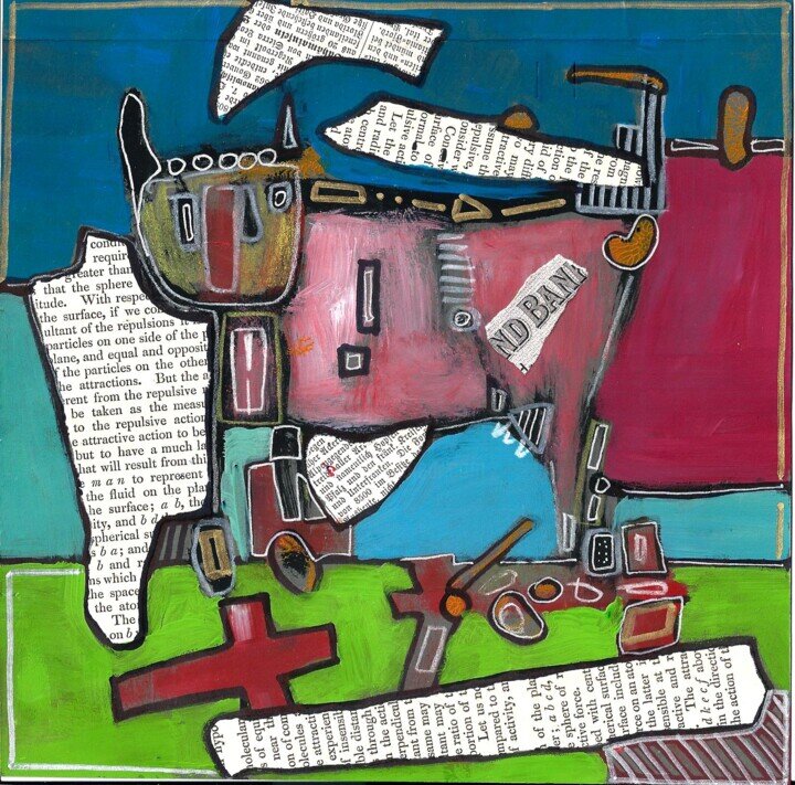 Ilustracja przedstawia kolaż. Na kolażu znajdują się fragmenty gazety oraz namalowany piesek na zielonej trawie. Tło ilustracji jest niebieskie.