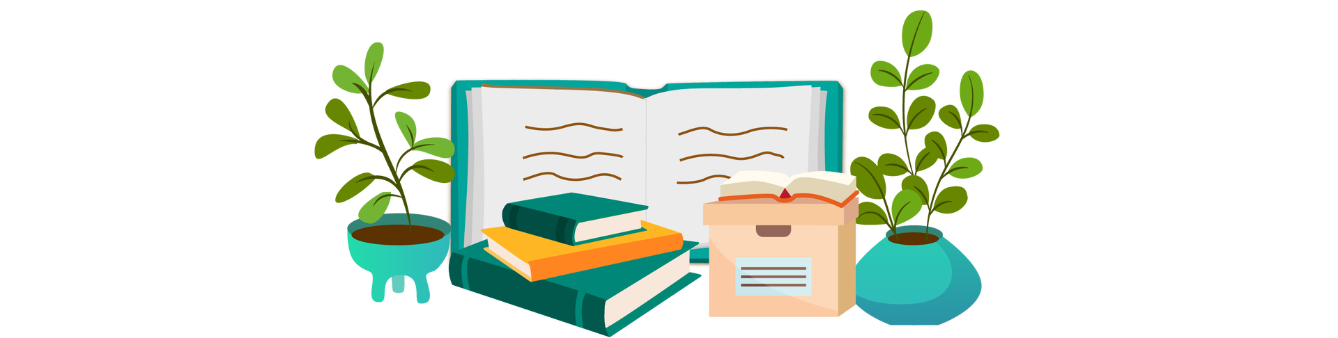 Ilustracja przedstawia otwartą książkę w niebieskiej okładce, otoczoną kilkoma przedmiotami. Po lewej stronie stoi zielona roślina w turkusowej donicy. Na prawo od rośliny są trzy książki ułożone jedna na drugiej. Pierwsza i trzecia ma ciemnozieloną okładkę, a druga pomarańczową. Dalej na prawo stoi beżowe pudełko z pokrywką, na którym leży otwarta książka w pomarańczowej okładce. Po prawej stronie ilustracji widać zieloną roślinę w turkusowej donicy.