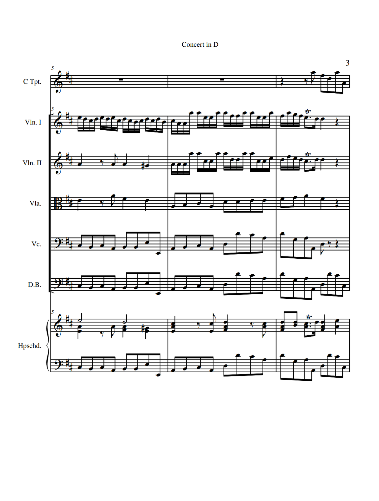 Na trzeciej stronie w partii trąbki w taktach piątym oraz szóstym zapisano wyłącznie pauzy całonutowe. W takcie siódmym na pierwszą miarę zapisano pauzę ćwierćnutową, na miarę drugą pauzę ósemkową oraz ósemkę a, na miarę trzecią ósemki fis oraz d, a na miarę czwartą dwie ósemki a, z czego drugą oktawę niżej od pierwszej. W partii pierwszych skrzypiec w takcie piątym wszystkie dźwięki to szesnastki. Na pierwszą miarę grane są: e, d, cis oraz d, na miarę drugą e, d, e oraz cis, na miarę trzecią d, cis, h oraz cis, na miarę czwartą d, cis, d oraz h. W szóstym takcie również zapisano wyłącznie szesnastki. Na pierwszą miarę grane są cis, a, a oraz ponownie a o oktawę wyżej, na miarę drugą a, dwa razy e oraz ponownie a, na miarę trzecią a, dwa razy fis oraz a, a na miarę czwartą a, dwa razy e oraz a. W takcie siódmym na pierwszą miarę zapisano cztery szesnastki: fis, a, g oraz fis, na miarę drugą ósemkę z kropką e z trylem oraz szesnastkę d, na miarę trzecią ćwierćnutę d, a na miarę czwartą pauzę ćwierćnutową. W partii drugich skrzypiec w takcie piątym na pierwszą miarę grana jest ćwierćnuta a, na miarę drugą pauza ósemkowa oraz ósemka a, na miarę trzecią ćwierćnuta a, a na miarę czwartą ćwierćnuta gis. W takcie szóstym wszystkie dźwięki to szesnastki. Na pierwszą miarę zapisano cztery razy nutę a, z czego za czwartym razem o oktawę wyżej niż wcześniej, na miarę drugą najpierw a, później dwa razy cis, a następnie ponownie a. Na trzecią miarę grane jest a, później dwa razy d, a następnie ponownie a. Na czwartą miarę grane jest a, dwa razy cis oraz e. W takcie siódmym na pierwszą miarę grane są szesnastki: d, fis, e oraz d, na miarę drugą ósemka z kropką cis z trylem, a następnie szesnastka d, natomiast na miarę trzecią ćwierćnuta d. Na czwartą miarę zapisano pauzę ćwierćnutową. W partii altówki w takcie piątym na pierwszą miarę grana jest ćwierćnuta e, na miarę drugą pauza ósemkowa oraz ósemka a, na miarę trzecią ćwierćnuta g, a na miarę czwartą ćwierćnuta fis. W takcie szóstym wszystkie dźwięki to ósemki; na pierwszą miarę grane są a oraz h, na miarę drugą cis oraz a, na miarę trzecią dwie ósemki d, na miarę czwartą dwie ósemki e. W siódmym takcie na pierwszą miarę zapisano dwie ósemki: fis oraz g, na miarę drugą ćwierćnutę a, na miarę trzecią ćwierćnutę fis, a na czwartą miarę pauzę ćwierćnutową. W partii wiolonczeli w takcie piątym wszystkie dźwięki to ósemki. Na pierwszą miarę grane są cis oraz h, na miarę druga cis oraz a, na trzecią miarę dwa razy h, a na miarę czwartą dwa razy e, przy czym druga o oktawę niżej od pierwszej. W szóstym takcie ponownie wszystkie dźwięki są ósemkami. Na pierwszą miarę grane są a oraz h, na miarę drugą cis oraz a, na trzecią miarę dwa razy d, przy czym za drugim razem oktawę wyżej, na miarę czwartą cis oraz a. W takcie siódmym na pierwszą miarę zapisano ósemki d oraz g, na miarę drugą dwie ósemki a, przy czym za drugim razem o oktawę niżej, a na trzecią miarę ósemkę d oraz pauzę ósemkową. Na czwartą miarę zaznaczono pauzę ćwierćnutową. W partii kontrabasu w takcie piątym wszystkie dźwięki to ósemki. Na pierwszą miarę grane są cis oraz h, na miarę druga cis oraz a, na trzecią miarę dwa razy h, a na miarę czwartą dwa razy e, przy czym druga o oktawę niżej od pierwszej. W szóstym takcie ponownie wszystkie dźwięki są ósemkami. Na pierwszą miarę grane są a oraz h, na miarę drugą cis oraz a, na trzecią miarę dwa razy d, przy czym za drugim razem oktawę wyżej, na miarę czwartą cis oraz a. W takcie siódmym na pierwszą miarę zapisano ósemki d oraz g, na miarę drugą dwie ósemki a, przy czym za drugim razem o oktawę niżej, a na trzecią miarę ósemkę d oraz pauzę ósemkową. Na czwartą miarę zaznaczono pauzę ćwierćnutową. W kluczu wiolinowym partii klawesynu w piątym takcie na pierwszą miarę zapisano w wyższym głosie półnutę e, a w głosie niższym ćwierćnutę‑dwudźwięk, złożony z nut e oraz a. Na drugą miarę w niższym głosie zapisano pauzę ósemkową oraz ósemkę a. Na trzecią miarę w wyższym głosie zapisano półnutę d, a w głosie niższym ćwierćnutę‑dwudźwięk, złożoną z nut fis oraz a; dźwięki w obu głosach tworzą razem akord D‑dur w pierwszym przewrocie. Na czwartą miarę w niższym głosie zapisano ćwierćnutę‑dwudźwięk, złożoną z nut e oraz gis. W takcie szóstym na pierwszą miarę zapisano ćwierćnutę‑trójdźwięk A‑dur w drugim przewrocie, złożoną z dźwięków e, a oraz cis. Na drugą miarę zapisano pauzę ósemkową, a następnie ósemkę‑dwudźwięk, złożoną z nut e oraz cis. Na trzecią miarę grana jest ćwierćnuta‑trójdźwięk D‑dur w pierwszym przewrocie, czyli dźwięki fis, a oraz d. Na miarę czwartą zapisano pauzę ósemkową oraz ósemkę‑dwudźwięk, złożoną z nut a oraz cis. W takcie siódmym na pierwszą miarę grana jest ósemka‑trójdźwięk D‑dur w pierwszym przewrocie, złożona z nut fis, a oraz d, a dalej ósemka‑dwudźwięk z nutami h oraz d. Na drugą miarę grana jest ósemka z kropką‑dwudźwięk, złożona z nut a oraz cis, z trylem, a następnie szesnastka d. Na trzecią miarę grana jest ćwierćnuta‑trójdźwięk D‑dur w pierwszym przewrocie, złożona z nut fis, a oraz d, a na miarę czwartą ćwierćnuta‑dwudźwięk z dźwięków a oraz e. W kluczu basowym partii klawesynu w takcie piątym wszystkie dźwięki to ósemki. Na pierwszą miarę grane są cis oraz h, na miarę druga cis oraz a, na trzecią miarę dwa razy h, a na miarę czwartą dwa razy e, przy czym druga o oktawę niżej od pierwszej. W szóstym takcie ponownie wszystkie dźwięki są ósemkami. Na pierwszą miarę grane są a oraz h, na miarę drugą cis oraz a, na trzecią miarę dwa razy d, przy czym za drugim razem oktawę wyżej, na miarę czwartą cis oraz a. W takcie siódmym na pierwszą miarę zapisano ósemki d oraz g, na miarę drugą dwie ósemki a, przy czym za drugim razem o oktawę niżej, a na trzecią miarę ósemkę d oraz pauzę ósemkową. Na czwartą miarę zapisano pauzę ćwierćnutową.