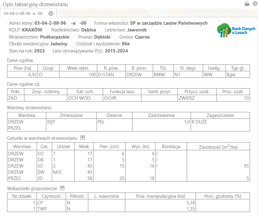 Przykładowy opis taksacyjny pobrany z zasobów internetowego portalu Banku Danych o Lasach. 