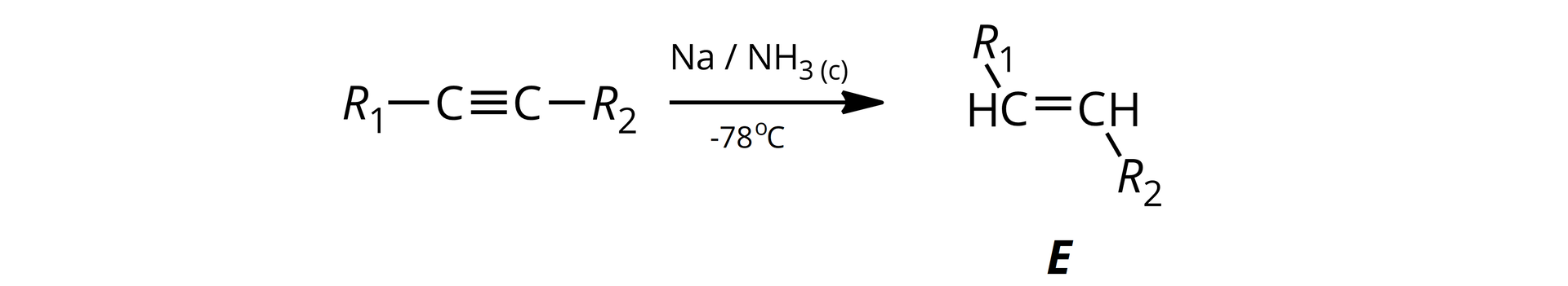 Ilustracja przedstawia schemat reakcji redukcji alkinów. Cząsteczka alkinu zbudowana z dwóch połączonych za pomocą wiązania potrójnego atomów węgla. Pierwszy z nich podstawiony jest grupą R1, zaś drugi - grupą R2. Strzałka w prawo, nad strzałką zapis Na w ciekłym NH3, pod strzałką temperatura minus siedemdziesiąt osiem stopni Celsjusza. Za strzałką cząsteczka alkenu o konfiguracji E; alken zbudowany jest z dwóch połączonych za pomocą wiązania podwójnego atomów węgla, z których pierwszy podstawiony jest atomem wodoru oraz grupą R1. Drugi z atomów węgla łączy się również z atomem wodoru oraz z podstawnikiem R2. Wiązanie podwójne przedstawiono w płaszczyźnie monitora. Atomy wodoru znajdują się po przeciwnych stronach tej płaszczyzny. Jeden przed, a drugi za. Analogicznie podstawniki. Tutaj podstawnik R1 za płaszczyzną, a R2 przed.