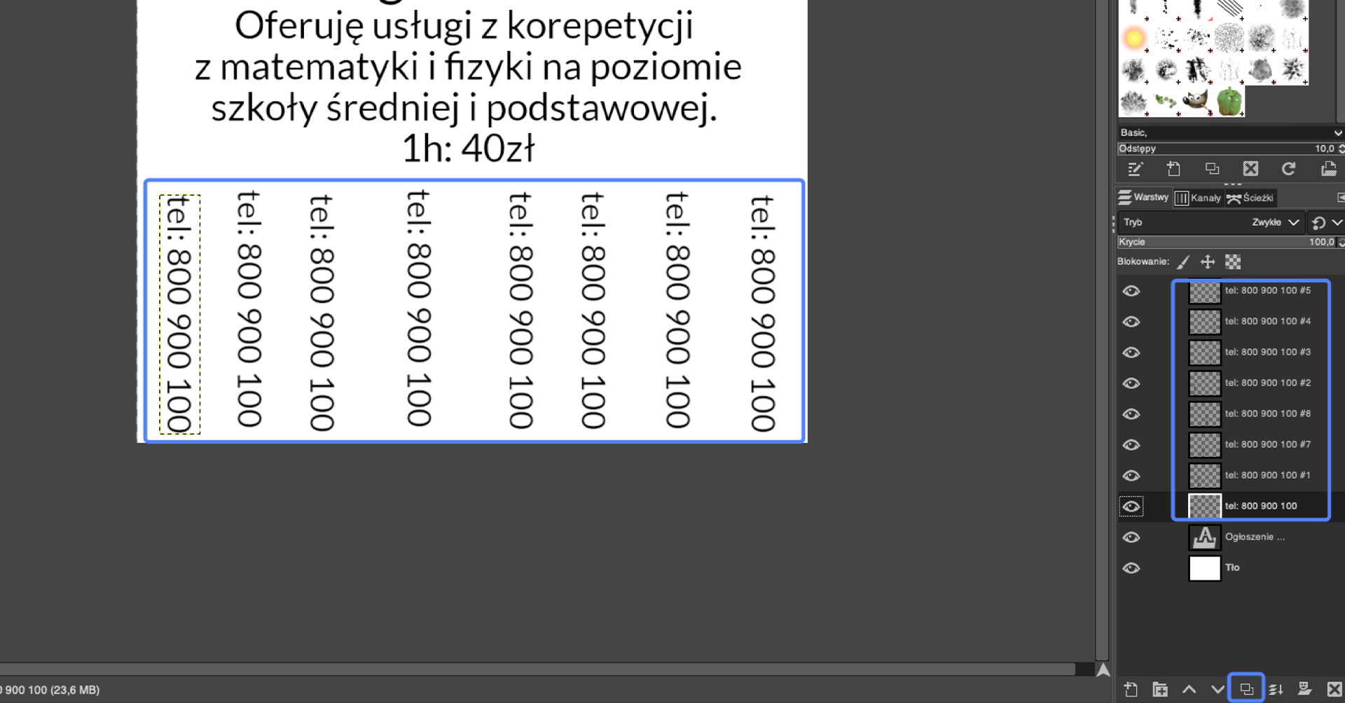 Ilustracja przedstawia okno programu. W obszarze roboczym jest tekst: Ogłoszenie Oferuję usługi z korepetycji z matematyki i fizyki na poziomie szkoły średniej i podstawowej 1h 40 zł. Na dole w pionie podano powtarzający się numer telefonu 800 900 100. W panelu po prawej stronie obok ikon oka są prostokąty o szarych kwadratach. Obok jest napis: tel: 800 900 100. Obok napisu jest symbol hasz i liczba. Na samym dole jest numer telefonu bez symbolu hasz.  