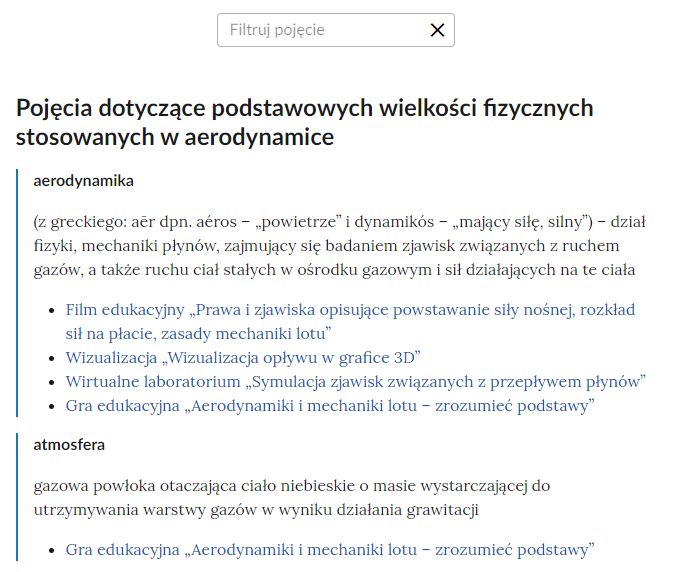 Widok na górną część słownika z polem do filtrowania haseł słownika. poniżej nagłówek pojęcia dotyczące podstawowych wielkości fizycznych stosowanych w aerodynamice. poniżej pojęcia aerodynamika i atmosfera, oraz treści definicji wraz z odwołaniami to części lekcji, w których dane pojęcie występuje