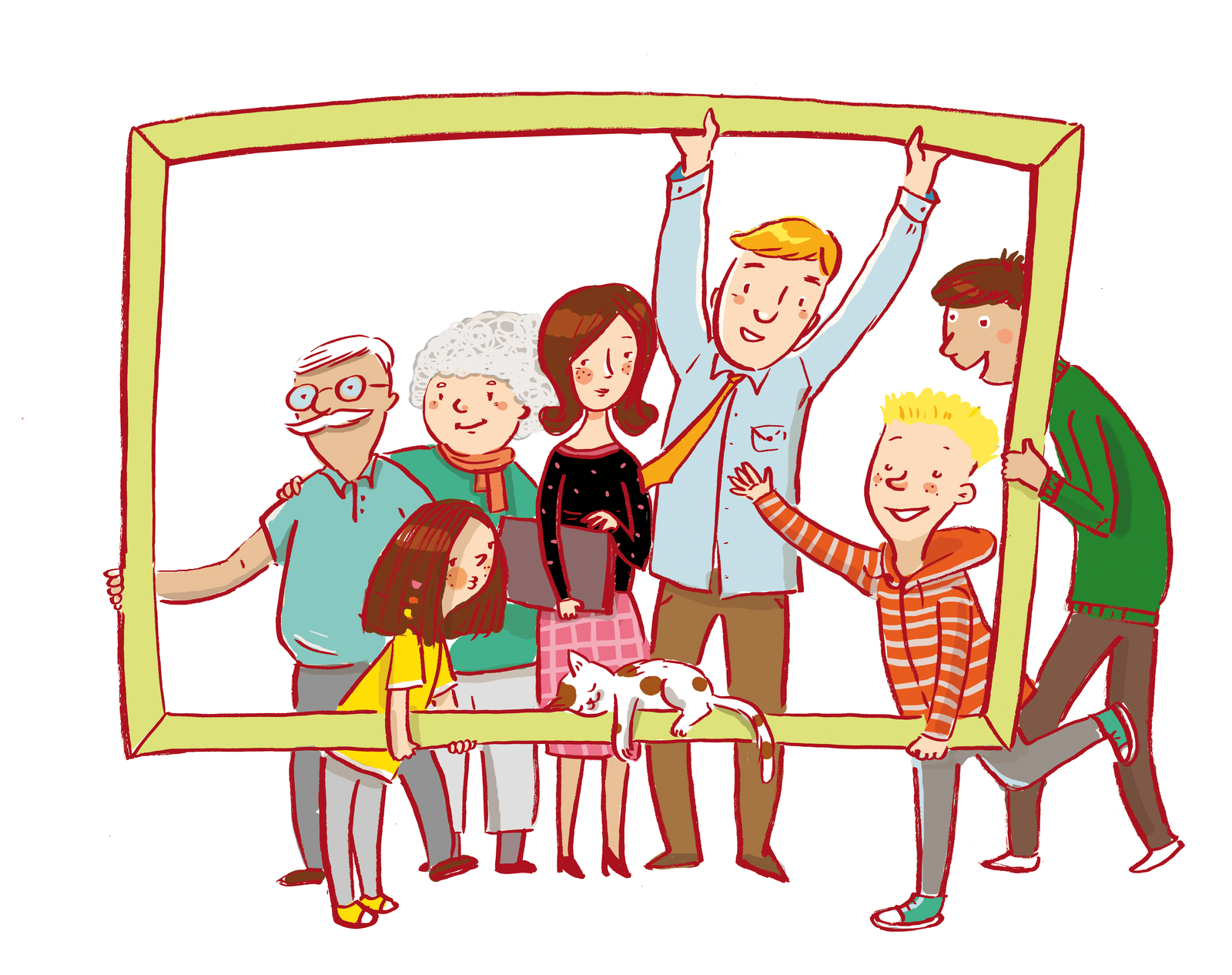 Kolorowa ilustracja przedstawia grupę siedmiu osób - rodzinę (babcię, dziadka, mamę, tatę, dziewczynkę i dwóch chłopców) trzymającą ogromną ramę do zdjęcia. Wszyscy są uśmiechnięci. Rodzinie towarzyszy kot leżący na ramie.