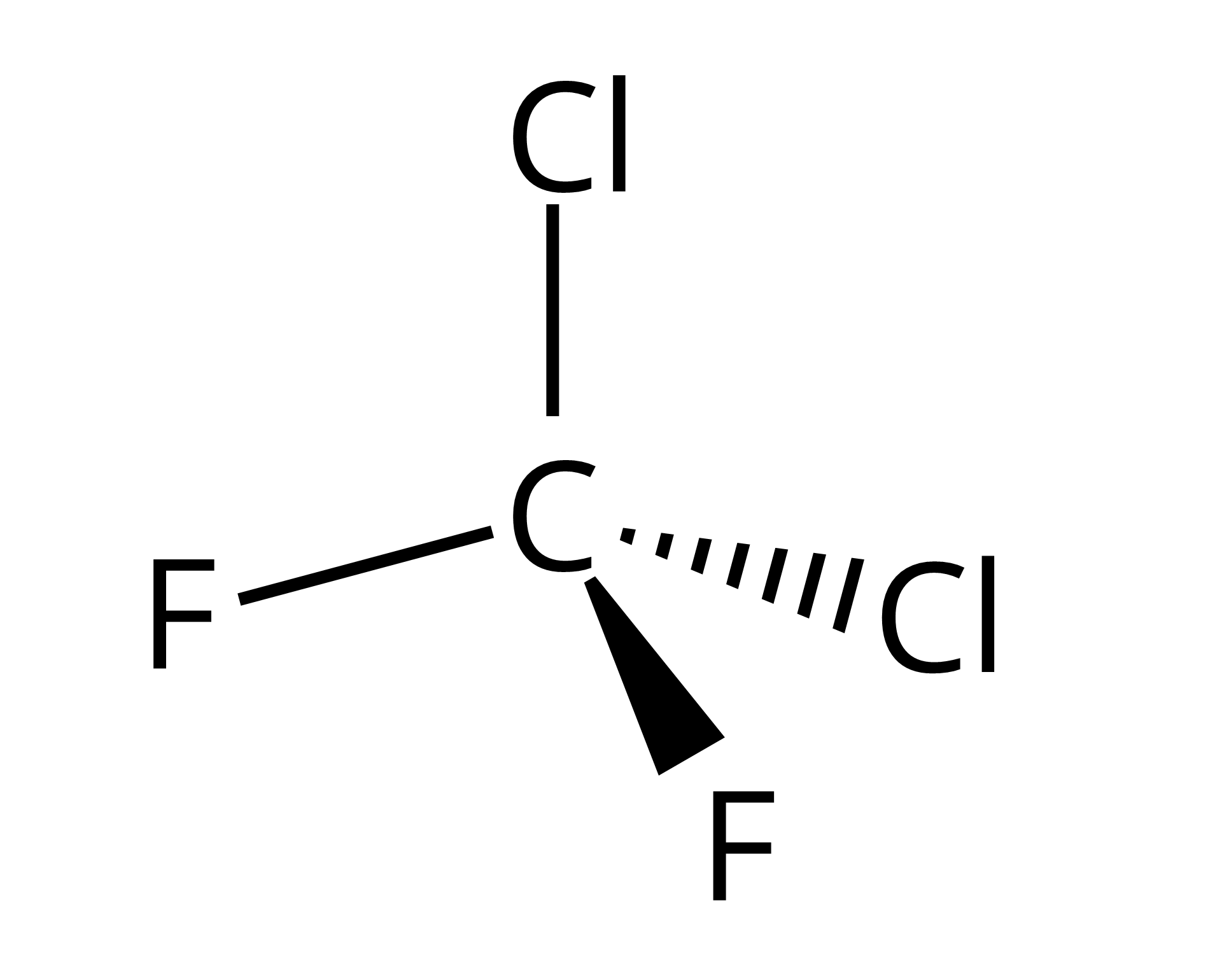 Ilustracja przedstawia wzór strukturalny dichlorodifluorometanu. Do atomu węgla przyłączone są dwa atomy chloru i dwa atomy fluoru.