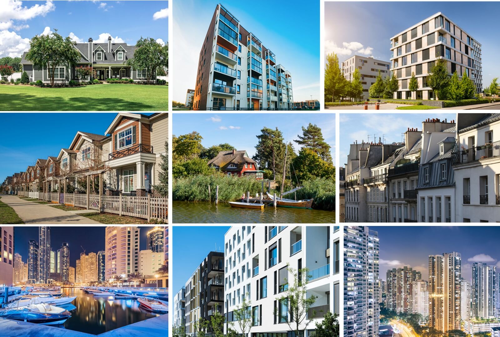 Ilustracja przedstawia 9 mniejszych zdjęć, na których ukazane są budynki mieszkalne. Są wśród nich jednorodzinne domy, zabudowa szeregowa, wielorodzinne bloki - ukazują różne rozwiązania architektoniczne.