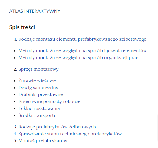 Grafika przedstawia widok spisu treści znajdującego się na stronie startowej atlasu interaktywnego. Umieszczone kolejno zakładki odsyłają do poszczególnych plansz atlasu.