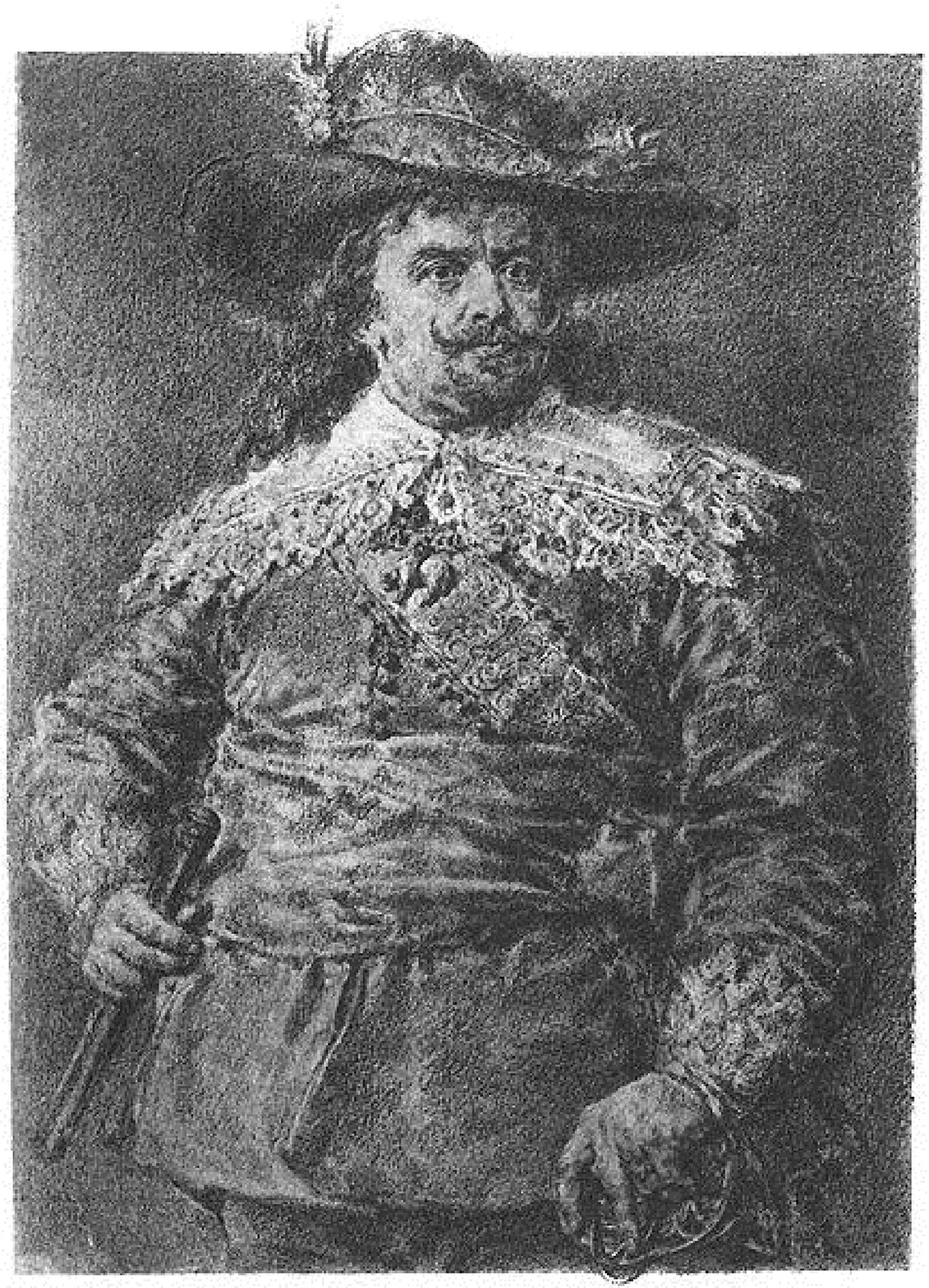 Ilustracja przedstawia obraz Jana Matejko pod tytułem Władysław IV. Król stoi. W prawej ręce trzyma bliżej niezidentyfikowany przedmiot. Lewą rękę opiera na szpadzie. Na głowie władcy znajduje się kapelusz z piórkiem.