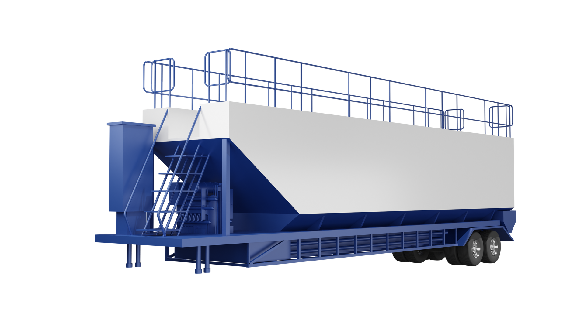 Na zdjęciu przedstawiono transporter piasku w formie naczepy. Na długiej naczepie znajduje się zbiornik o kształcie zbliżonym do graniastosłupa. Na przodzie naczepy widoczna jest drabinka prowadząca na górę zbiornika. Na górze zbiornik jest zabezpieczony barierką.