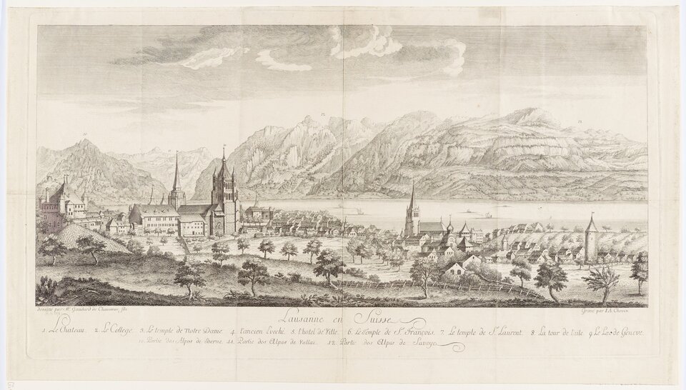 Ilustracja przedstawia panoramę miasta. Na pierwszym planie ukazany jest trawnik rzadko porośnięty drzewami. Na drugim planie po lewej stronie  zamek ozdobiony licznymi basztami. Na prawo od niego stoi okazały budynek, nad którym górują dwie strzeliste wieże. Pośrodku stoją liczne, kilkukondygnacyjne zabudowania miejskie. Bliżej prawej strony stoi niewielka świątynia z wieżą zwieńczoną kopułą. Umieszczono na niej zegar. Po prawej stronie stoją niskie budynki mieszkalne. Na trzecim planie rozciąga się jezioro. Nad jeziorem i miastem wznoszą się szczyty gór.