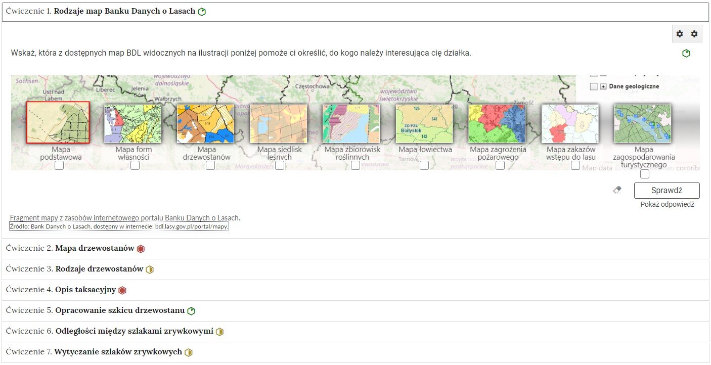 Grafika przedstawia zrzut ekranu zawierający rozwinięte jedno z ćwiczeń, polecenie, rysunki map oraz ich podpisy, a także pola do zaznaczania. W dolnej części okna znajduje się przycisk Sprawdź, po jego lewej stronie symbol gumki, który umożliwia wyczyszczenie odpowiedzi. Pod przyciskiem napis: Pokaż odpowiedź.