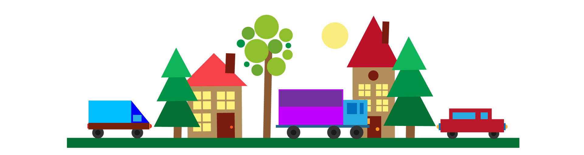 Ilustracja przedstawia miejski krajobraz. Wszystkie widoczne elementy są złożone z figur geometrycznych. Na pierwszym planie znajduje się ciemnozielona droga w postaci wąskiego prostokąta. Jadą po niej trzy samochody. Pierwszy samochód od lewej strony jest niebiesko‑brązowy, drugi niebiesko‑fioletowy, a trzeci czerwony. Składają się z kwadratów, prostokątów i trójkątów. Koła są okrągłe. Przy drodze rosną dwa drzewa iglaste oraz jedno liściaste. Każde drzewo iglaste składa się z trzech zielonych trójkątów i brązowego prostokąta jako pnia. Drzewo liściaste ma podłużny, prostokątny, brązowy pień i koronę w postaci kilkunastu zielonych kółek. Pomiędzy drzewami stoją dwa domy. Każdy z nich jest brązowy, ma kwadratowe okna, prostokątne brązowe drzwi, trójkątny czerwony dach i prostokątny brązowy komin.