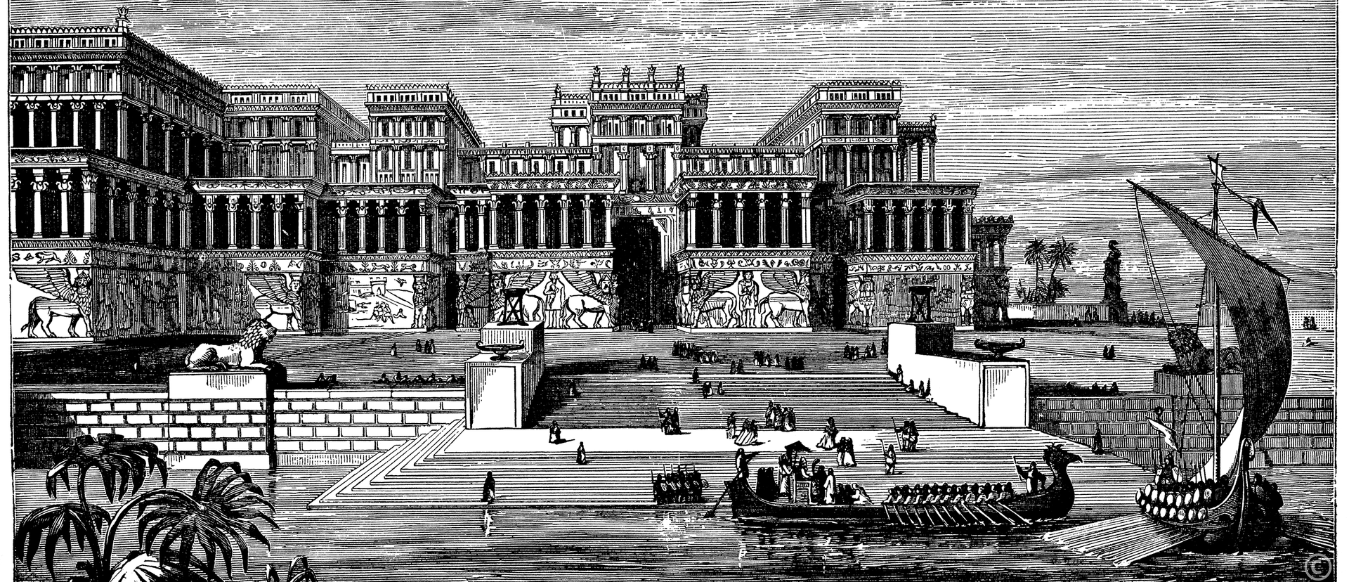 Rysunek asyryjskiego pałacu w Niniwie. Okazała budowla połozona jest nad rzeką, po której płyną statki.