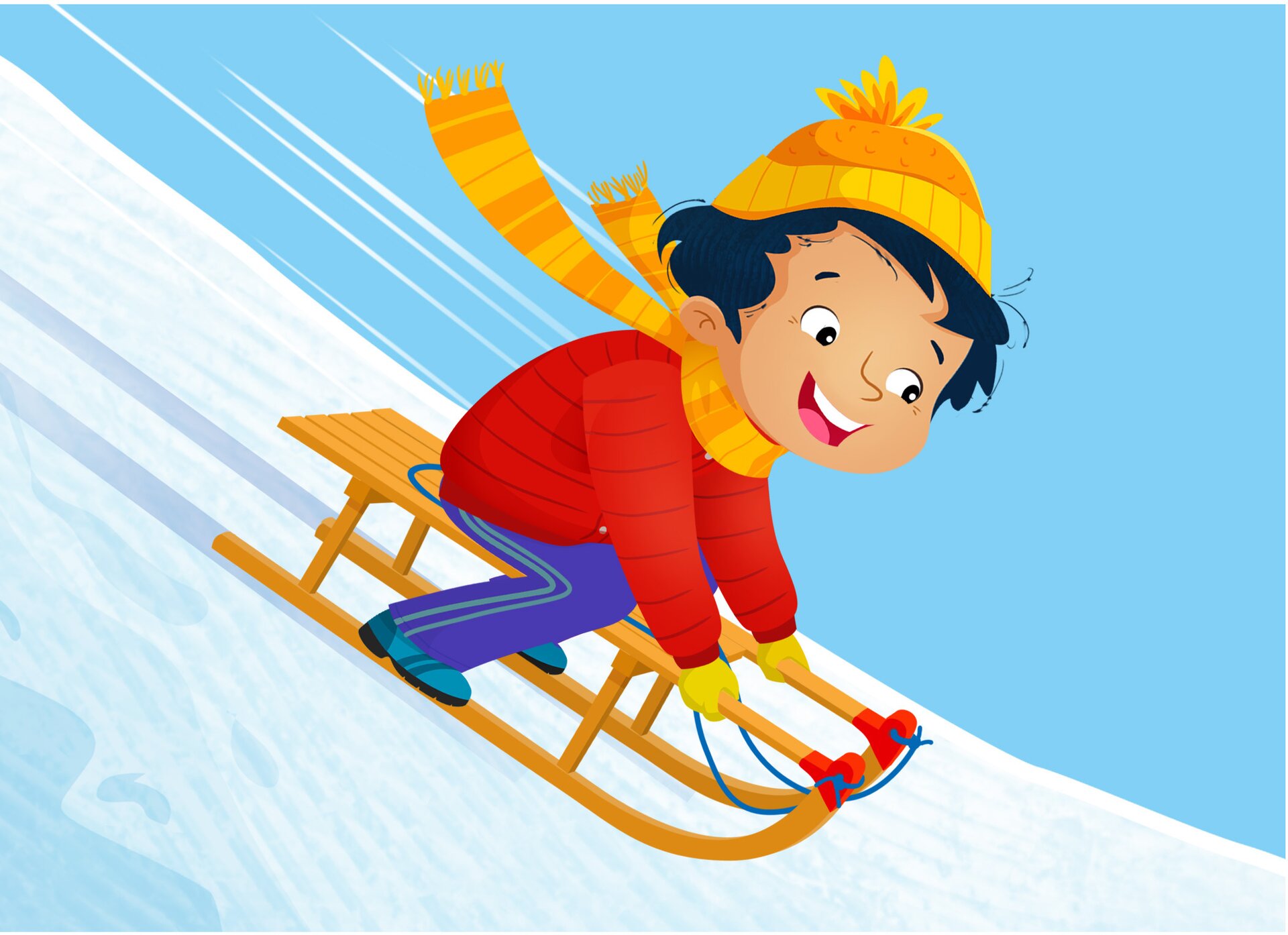 Ilustracja przedstawia chłopca zjeżdżającego na sankach.