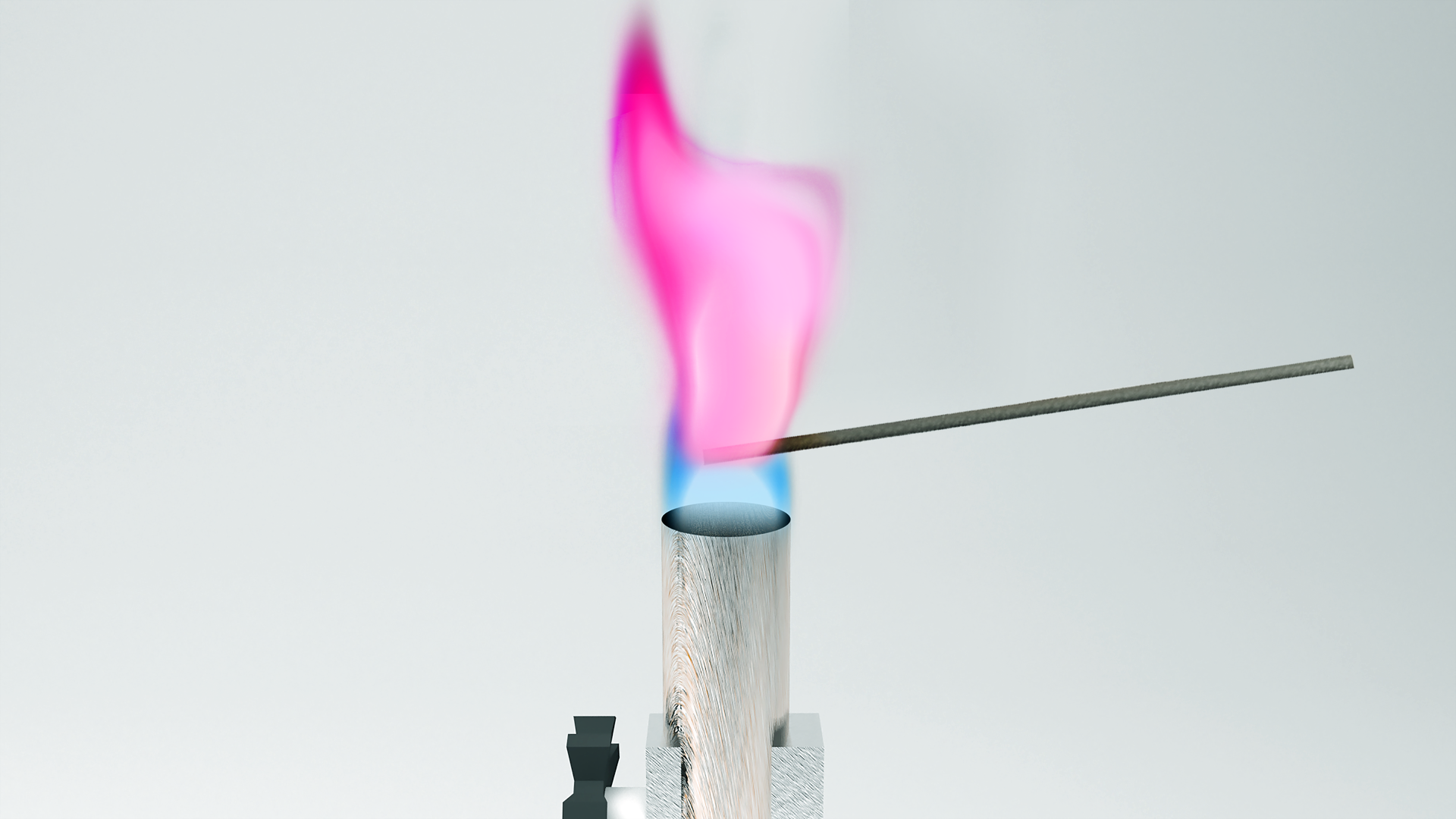 Ilustracja przedstawia metalowy pręt nad płomieniem palnika. Płomień przybiera intensywny kolor różowo‑fioletowy. 