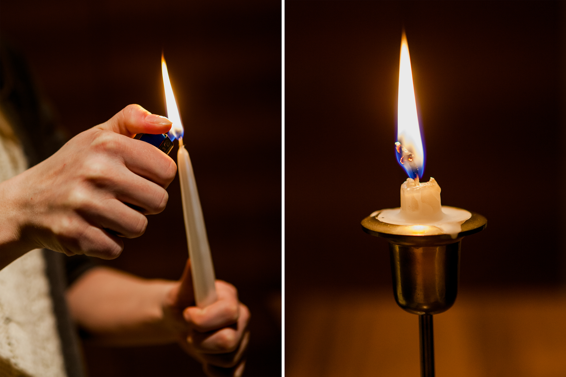 Ilustracja przedstawia zapalanie białej, długiej świecy zapalniczką, a następnie tą samą świecę prawie w całości wypaloną w świeczniku.