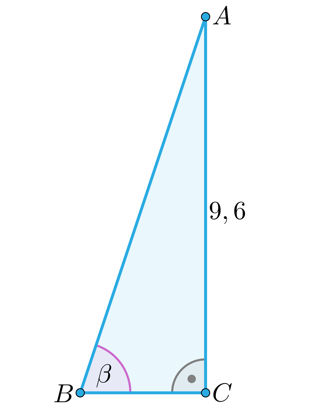 Ilustracja przedstawia trójkąt prostokątny A B C taki, że przyprostokątnymi są boki B C oraz C A , CA=9,6 oraz <math∢ABC=β.