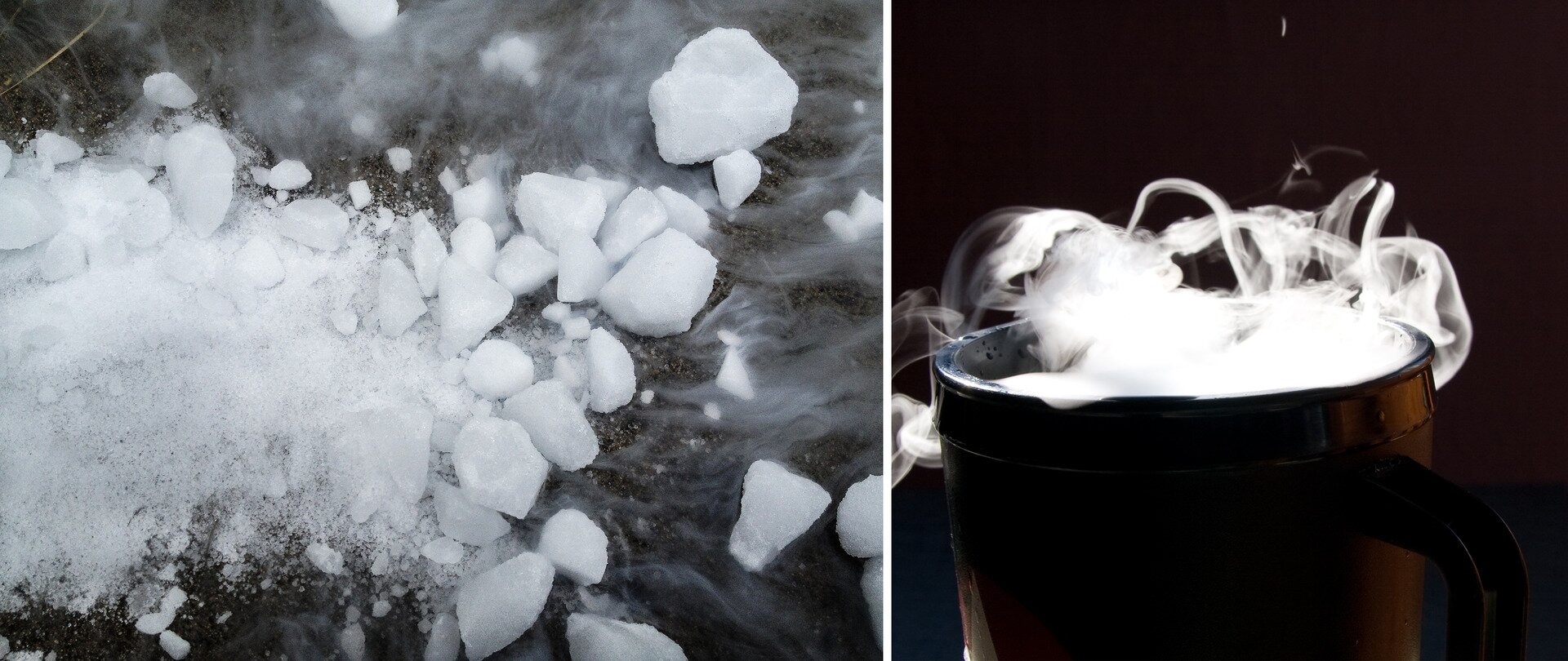 Dwa zdjęcia. Na jednym pokruszony suchy lód koloru białego. Na drugim - naczynie, z którego wydobywa się biały, gęsty dym.