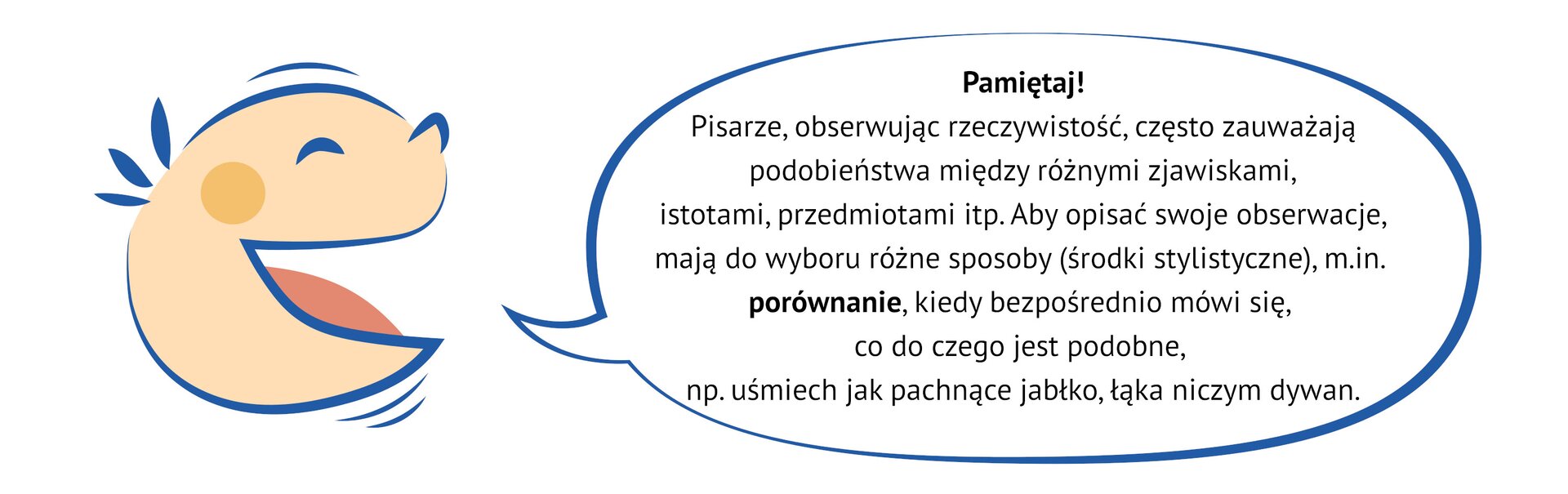 Grafika przedstawia uśmiechniętą, dziecięcą twarz, z której ust wydobywa się dymek. NAPIS: Pamiętaj! Pisarze, obserwując rzeczywistość, często zauważają podobieństwa między różnymi zjawiskami, istotami, przedmiotami itp. Aby opisać swoje obserwacje, mają do wyboru różne sposoby (środki stylistyczne), m.in. porównanie, kiedy bezpośrednio mówi się, co do czego jest podobne, np. uśmiech jak pachnące jabłko, łąka niczym dywan.