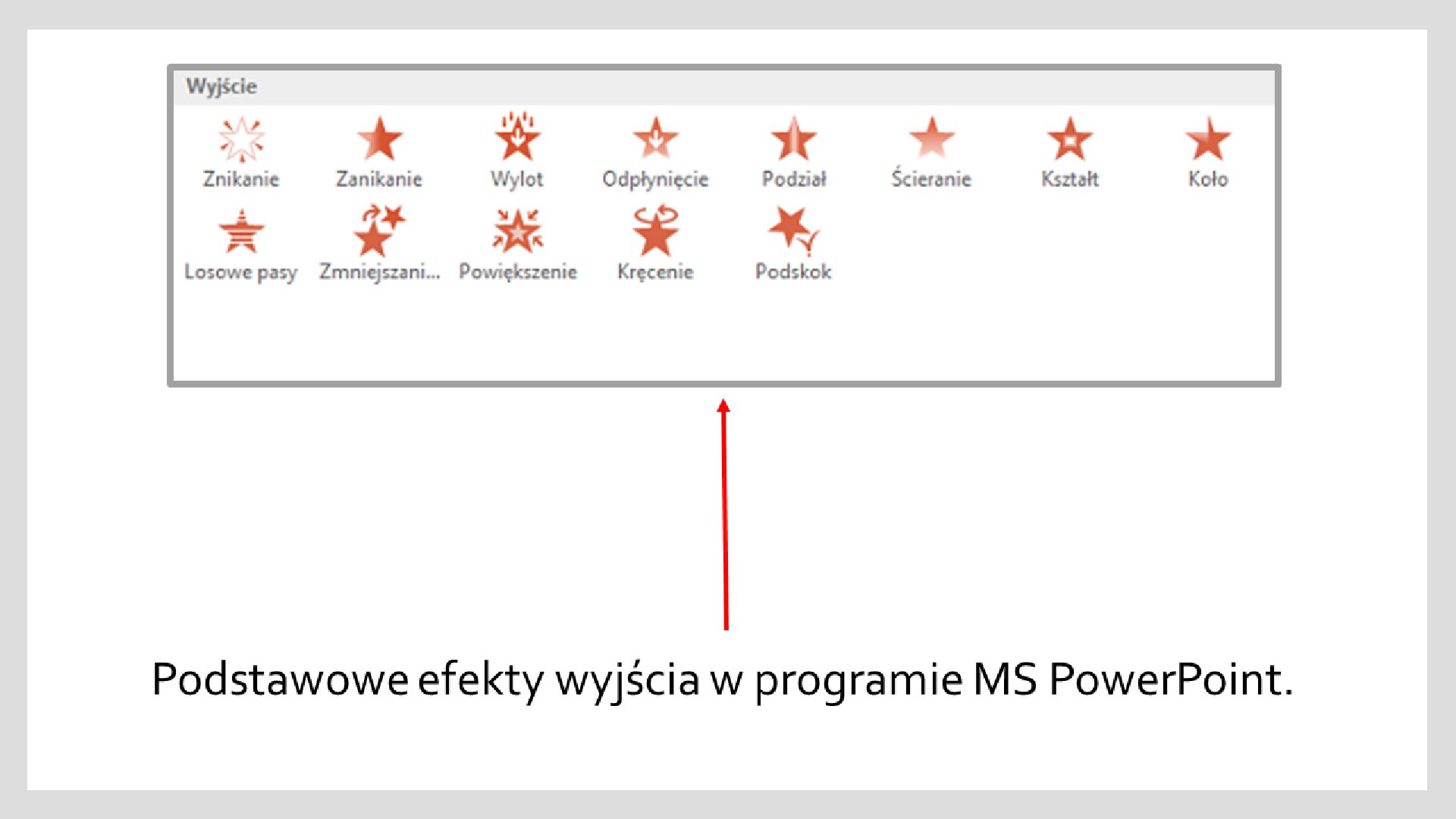 Zrzut ekranu z efektami wyjścia w programie MS PowerPoint. Poniżej treść: "Podstawowe efekty wyjścia w programie MS PowerPoint".