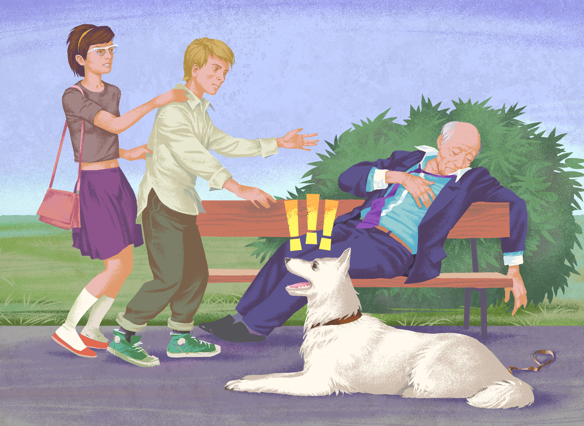 Ilustracja przedstawia próbę udzielenia pierwszej pomocy starszemu mężczyźnie. Mężczyzna siedzi na ławce w parku. Głowa mężczyzny wsparta na prawym barku, prawa ręka swobodnie zawieszona na oparciu ławki. Lewa dłoń na klatce piersiowej. Po lewej stronie ilustracji dziewczyna przytrzymująca chłopca zmierzającego w stronę mężczyzny. Chłopiec spieszy się, aby pomóc nieprzytomnemu mężczyźnie. Naprzeciw ławki, obok mężczyzny, duży pies leży na ścieżce. Pies głową skierowany w stronę dziewczyny i chłopaka. Pysk psa otwarty. Trzy żółte wykrzykniki powyżej głowy psa.