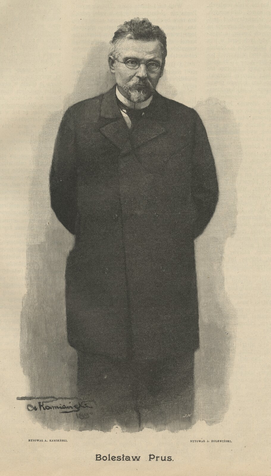 Na ilustracji jest ukazana postać Bolesława Prusa. Mężczyzna stoi, ręce trzyma z tyłu ciała. To człowiek w średnim wieku. Ma krótkie, nieco zmierzwione szpakowate włosy oraz krótką brodę i wąsy, nosi okulary. Ubrany jest w dłuższą, zapiętą marynarkę. Po spodem widać koszulę i krawat. 