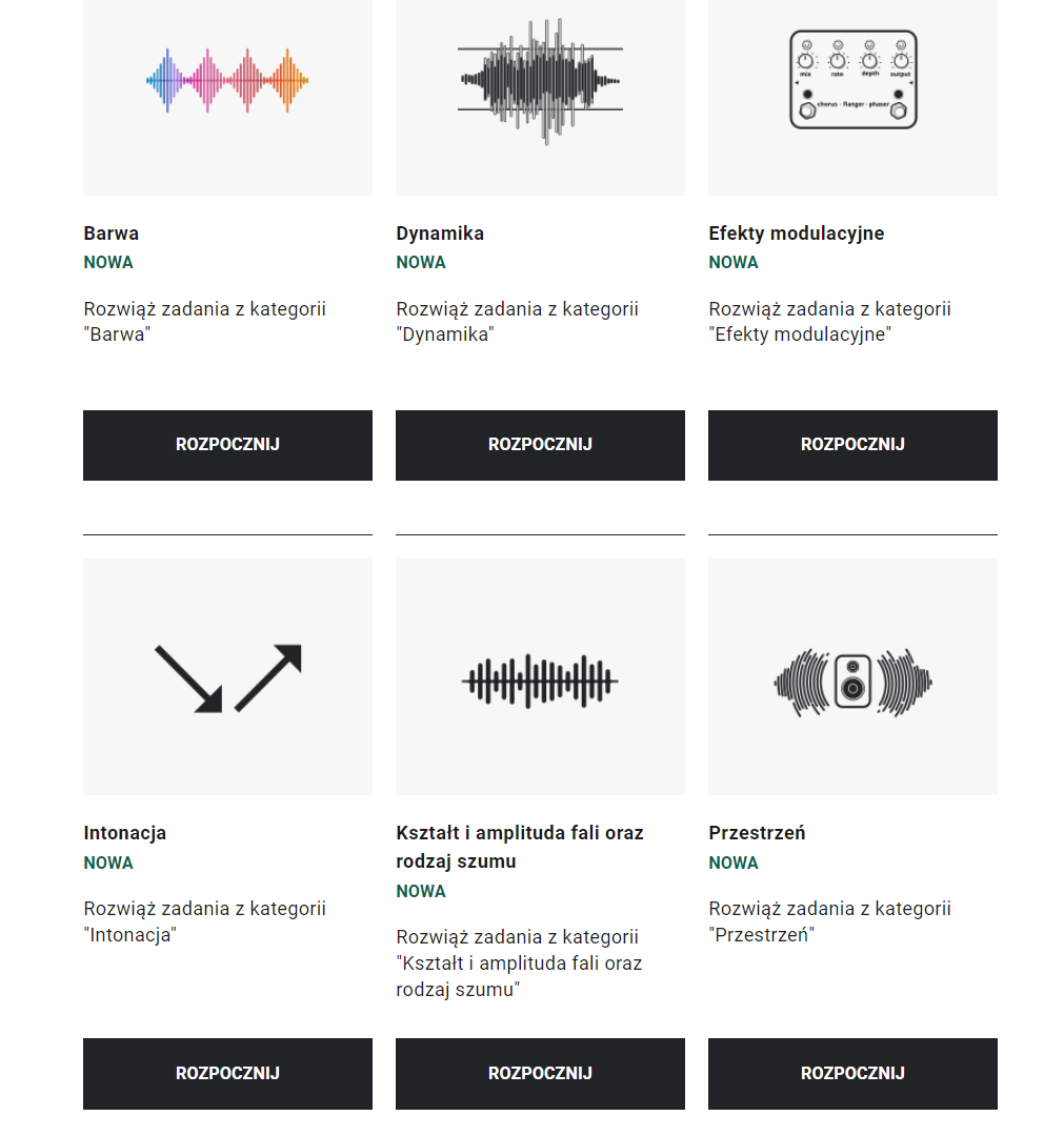 Grafika przedstawia panel gry, na którym widać kategorie zadań do wyboru: barwa; dynamika; efekty modulacyjne; intonacja; kształt i amplituda fali oraz rodzaj szumu; przestrzeń. Każda kategoria zobrazowana jest schematyczną grafiką. Pod grafiką i opisem znajdują się prostokątne przyciski służące do rozpoczęcia danej kategorii. 